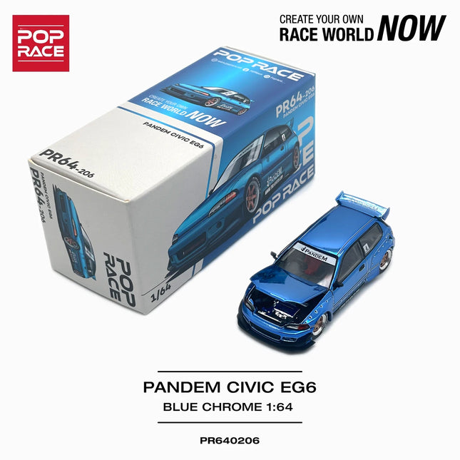 In Stock Pop Race PR640206 1:64 Honda Civic EG6 Pandem Widebody Kit Blue Chrome Diecast Model Car