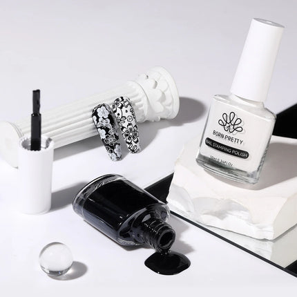 BORN PRETTY 2Pcs/Set 10ML Black White Nail Stamping Polish Varnish Gold Silver for Nail Art Plates Stamp Oil Stamping Series