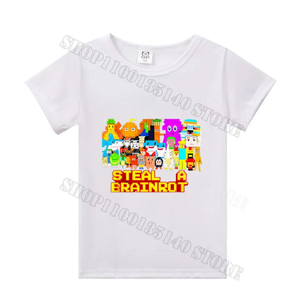 Steal A Brainrot Short Sleeve Children T-shirt 67 Six Seven Cotton Tops Tshirt Boys Girls Clothing Fashion Funny Meme T-shirts