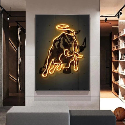 Neon Bitcoin Bull Crypto Gold Wall Art Canvas Painting Cattle Poster and Print Picture Home Decoration for Living Room Decor