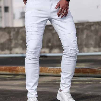 Men White Skinny  Stretch Jeans Spring Casual High Street Fashion Biker American Trend Denim Pants Distressed Hip Hop Trousers