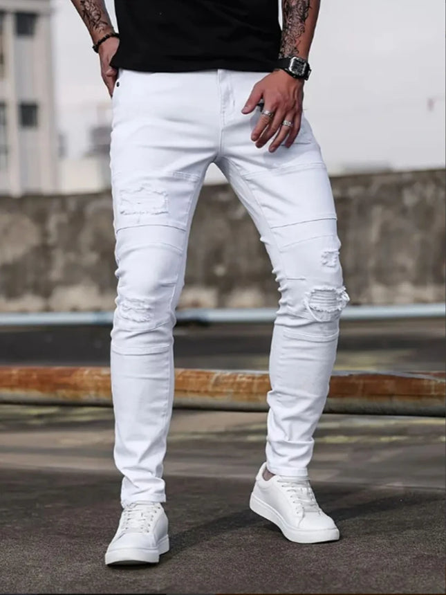 Men White Skinny  Stretch Jeans Spring Casual High Street Fashion Biker American Trend Denim Pants Distressed Hip Hop Trousers