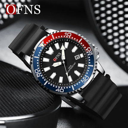 OFNS High Quality Fashion Men's Quartz Watch Calendar Luminous Display 50M Waterproof Luxury Watches Rubber Strap Men's Watch