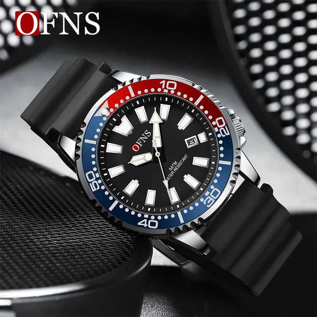 OFNS High Quality Fashion Men's Quartz Watch Calendar Luminous Display 50M Waterproof Luxury Watches Rubber Strap Men's Watch
