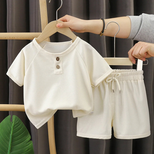 0-5Y Boys and Girls Clothing Set Summer Cotton Korean Waffle Children's Clothing Children's Comfortable Breathable Casual Set