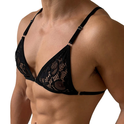 Sexy Men Erotic Lace Bra Man Crossdresser Sissy Lingerie Spaghetti Straps Adjustable Wire-free Unlined Tops Transparent
