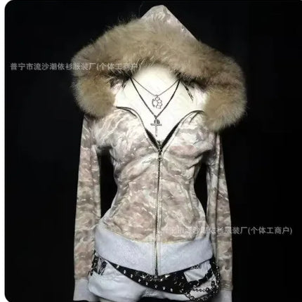 Gothic Style Zipper Hoodie Women's Long Sleeve Cardigan Printed Letter Fur Collar Design Street Trend Polyester Fabric Coat