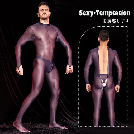 Sexy Men's Bodysuit Oil Shiny Glossy Tights Long Sleeves High Elastic Jumpsuits Exotic Leotard Thin Sheer Catsuit Body Stockings