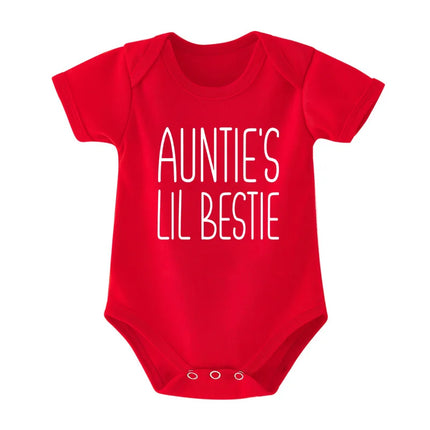 Auntie's Lil Bestie Funny Letter Print Baby Bodysuit Casual Infant Short Sleeve Romper Newborn Outfit Jumpsuit