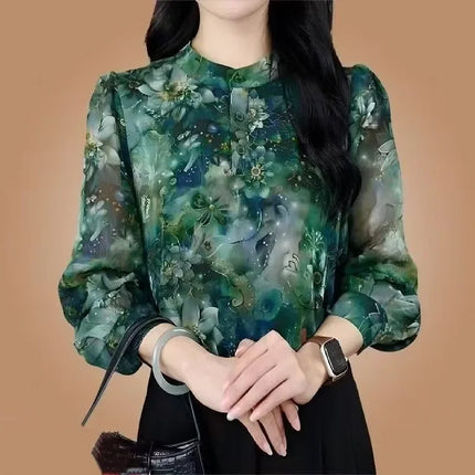 Elegant Silk Shirt Women Long Sleeve Autumn Winter New Style Fashion Floral Print Slimming Top Button Down Cotton Polyester