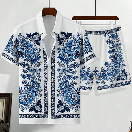 Hawaiian Shirt Set Men 3D Printed Blue White Porcelain Pattern Summer Fashion Casual Daily Oversized Shirt+shorts 2 Piece Set