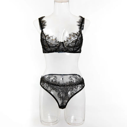 Women's French Style Lace Sexy Lingerie Set Push up Underwire Bra High Cut Briefs 2 Pieces Sexy Sheer Intimate Erotic Underwear