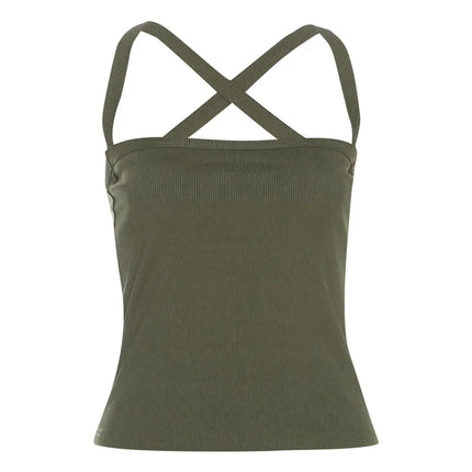 Green Thread Casual Tank Tops Woman Low-Neck Cross Strap Sleeveless Backless Crop Top Hot Girls High Street Classic Slim Fit Top