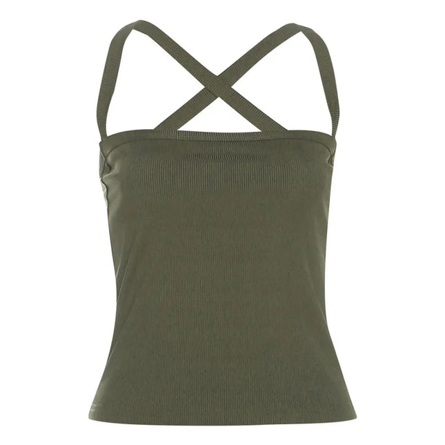 Green Thread Casual Tank Tops Woman Low-Neck Cross Strap Sleeveless Backless Crop Top Hot Girls High Street Classic Slim Fit Top