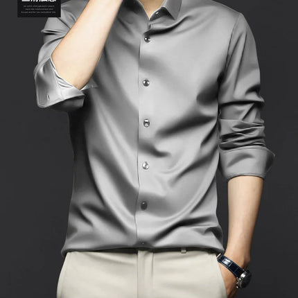6XL Men Shirt Long Sleeve Slim Fit Luxury Smooth Soft Anti-wrinkle Non-ironing Solid Color Ice Silk Shirts Men Long Sleeve