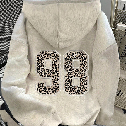 Womens Pure Cotton Hoodie with Front and Back 98 Leopard Print Long Sleeve Casual Fashion Pullover Sweatshirt for Daily Wear