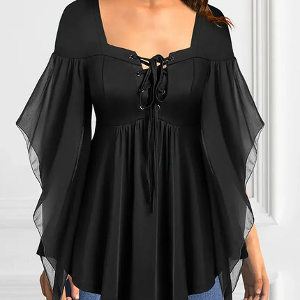 Plus Size Elegant Chiffon Blouse for Women Halloween Chic Lace-Up V-Neck Blouse Solid Color Flutter Sleeves Blouse Tops