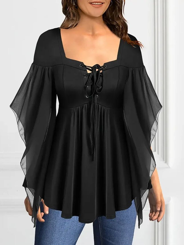 Plus Size Elegant Chiffon Blouse for Women Halloween Chic Lace-Up V-Neck Blouse Solid Color Flutter Sleeves Blouse Tops