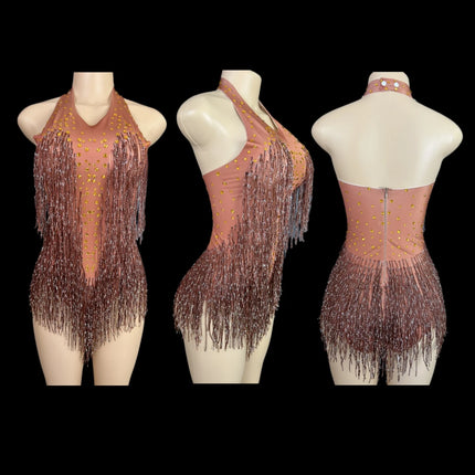 Sparkly Rhinestones Fringe Bodysuit Women Nightclub Party Dance Costume Stage Wear Sexy Tassel Leotard Performance Clothing 7G