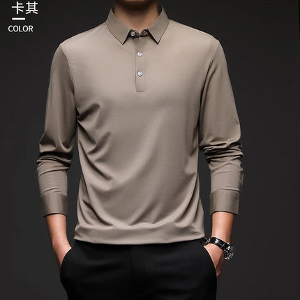 Minglu Mulberry Silk Men's Polo Shirts Luxury Long Sleeve Solid Color Golf Male T-shirts Spring Autumn Business Casual Man Tees