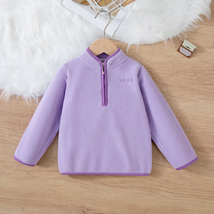 Kids' Navy/Khaki/Purple Half-Zip Fleece Sweatshirt - Boys & Girls Autumn Winter Stand-Collar Warm Top, Embroidered Contrast Trim