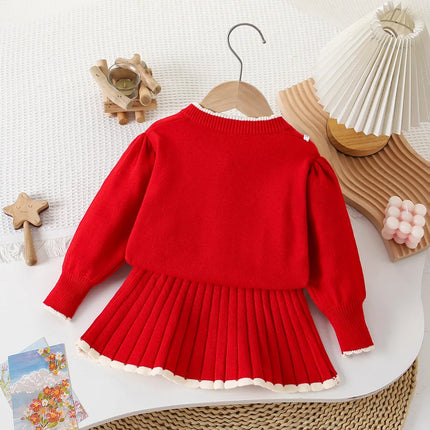 Children's Clothing Sets Love Knit Sweater + Pleated Skirt Baby Girl Winter Clothes Toddler Girl Cardigan Sweater Korean Style