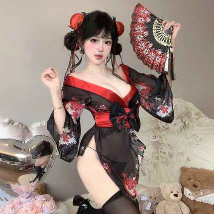 Japanese Kimono Style Pajamas Black Sheer Mesh Robe with Belt Cosplay Costume Nighty Female Night Club Wear Women Girls