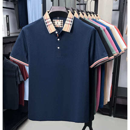 Men's high-end silky cotton breathable short-sleeved polo shirt, new summer trend, plaid lapel, designer brand, casual golf T-shirt