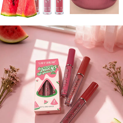 Fruit Cherry Strawberry Liquid Lipstick Makeup Kit Non Stick Cup Colorfast Long Lasting Velvet Matte Peach Lip Gloss Set 3pc/set