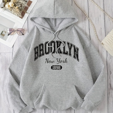 Brooklyn New York 1898 Hoodie Sweatshirt - Casual Polyester Hooded Pullover with Drawstring Alphabet Pattern