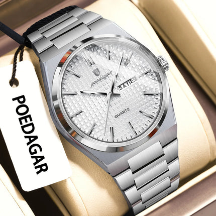 POEDAGAR Luxury Fashion Men's Wristwatch Waterproof Luminous Date Week Man Clock Stainless Steel Quartz Business Watches For Men