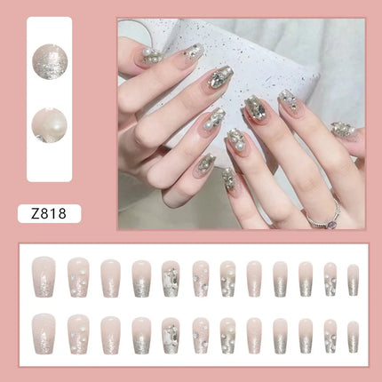 Sparkling Diamond 24 Pcs Press on Nails Pink Nail polish Glossy Artificial Finger Manicure Reusable False Nails