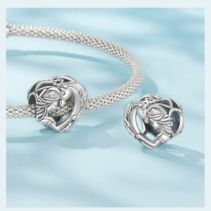 WOSTU Solid 925 Sterling Silver Lovely Girl & Horse Charm Heart Guardian Pendant Fit DIY Bracelet Necklace Heart Jewelry Series