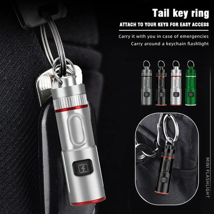 Mini Keychain Flashlight USB Rechargeable LED Pocket Torch with Necklace Portable 6 Lighting Modes Camping Emergency Lantern