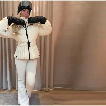 Women Peplum Ski Jackets Hooded Stand Collar Belt Waist Zipper Solid Puffer Jacket Fashion Sheath Warm Sport Winter 2025 Skiwear
