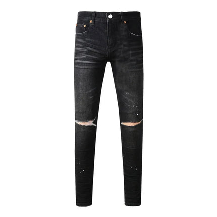 High Street Men's Jeans American Distressed Dark Black Coated Blank Stretch Skinny Button Fly Ripped Pants Trousers