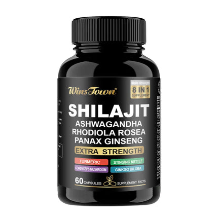 Shilajit Supplement, 8 in 1 Himalayan Shilajit Capsules for Men Women with Ashwagandha, Rhodiola Rosea, Panax, Ginseng 60 Count