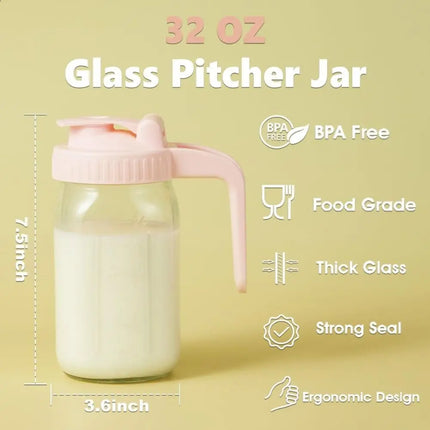 32oz Glass Cup Large Capacity Transparent Wide Mouth Mason Jar with Handle and Lid Leak-proof Glass Water Pitcher for Cold Brew