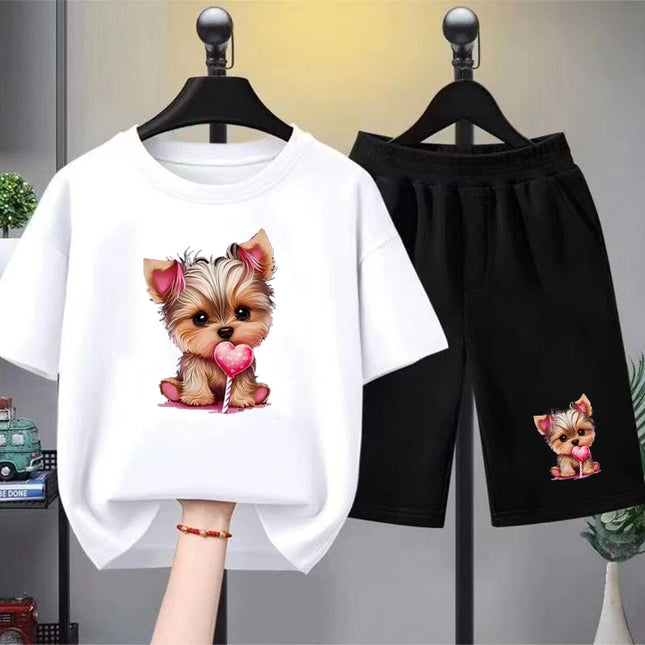 Yorkshire Terrier Martial Arts Print Summer Short Sleeve Children Age 3-12 Girls boy Set black Tshirt+Shorts 2pcs Kids Set