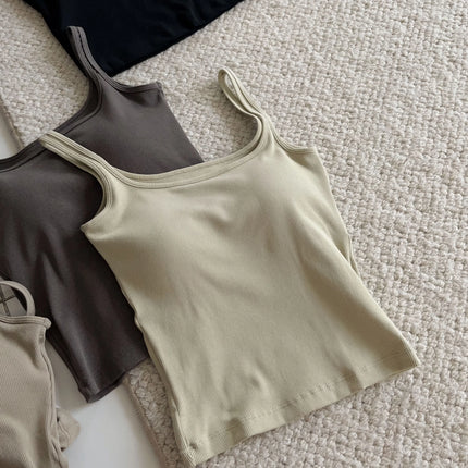 Women's Vest with Built-in Bra Pad Elastic Ribbed Square Collar Csole Tank Top ort Length  Color Versatile Summer F...