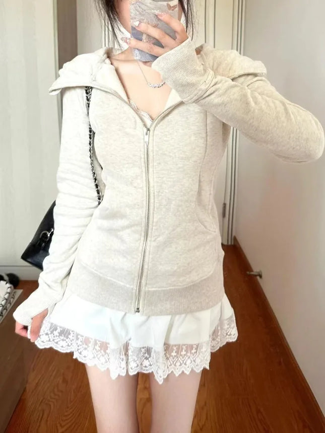 Harajuku Vintage Zipper Hooded Cardigan Korea Fashion Solid Sports Sweatshirt Women New Autumn Winter Casual Warm Clothes 2025