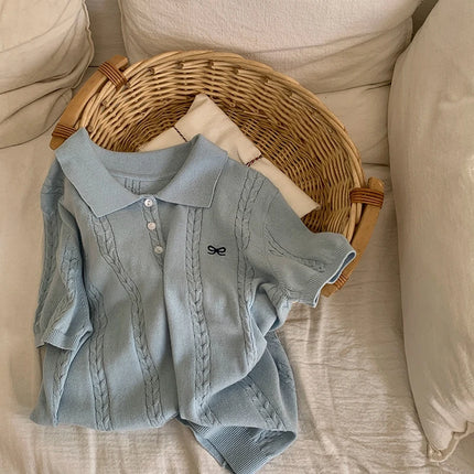 Summer 100% cotton women's T-shirt casual knit pullover short sleeved loose POLO collar Tees Pull luxury brand embroidery Tops