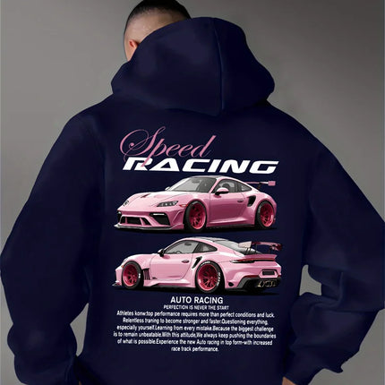 Autumn and Winter Models with Retro Street Style Inspirational Print Men's Hoodie with Car Pattern, Casual Style Pullover