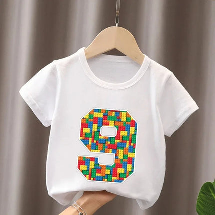 Summer Cotton Children's T-Shirt Building Blocks Bricks Print Number Cartoon Kid 2-9Y Birthday Funny Baby Tee Top Boy Girl Clothes