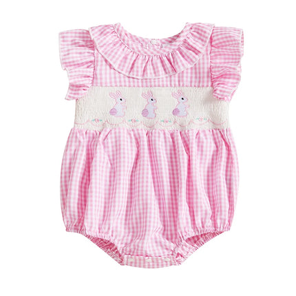 My First Easter Baby Girl Outfit Infant Plaid Bubble Romper Easter Bunny Embroidery Jumpsuit Cute Spring Clothes
