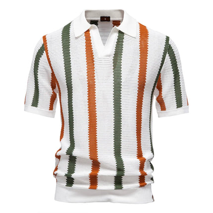 New Summer Men's Short-Sleeved Striped Knitted POLO Shirt with Hollow-Out Design and Breathable Mesh Fabric.
