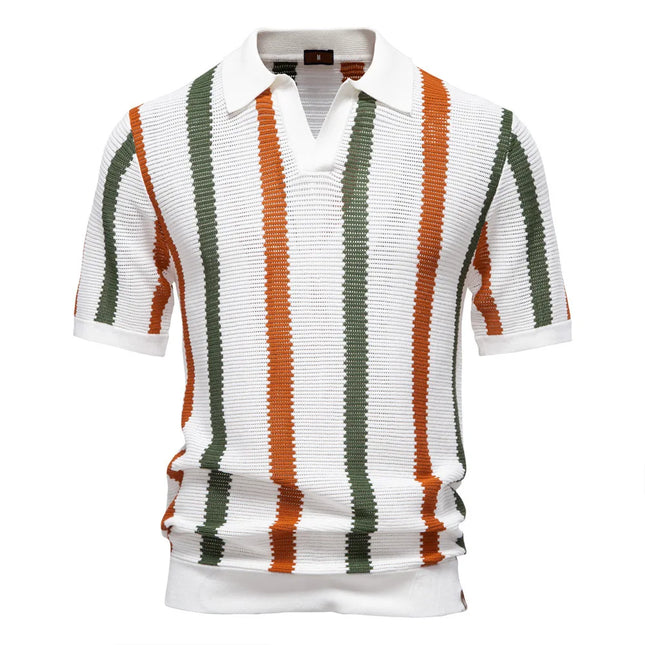 New Summer Men's Short-Sleeved Striped Knitted POLO Shirt with Hollow-Out Design and Breathable Mesh Fabric.