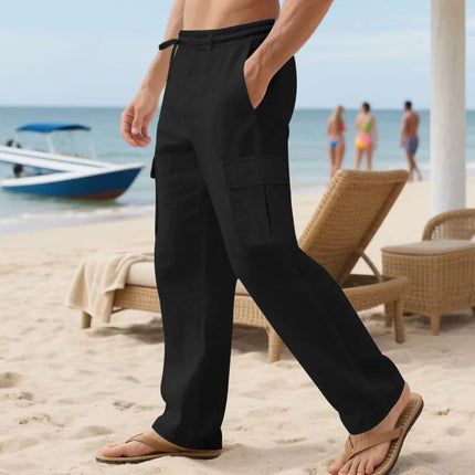 2026 Summer Men'S Cotton And Linen Pants Multiple Pockets Breathable Loose Drawstring Straight Leg Pants Sports And Casual Pants