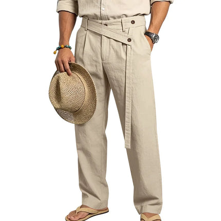 2026 Men's Spring New Models, Large Size American Slanted Waist Linen Casual Trousers for Men with White Background