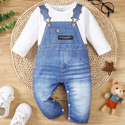 Summer  0-1  Years  Old  Infant  Baby  Boys   Fake  Denim  Print   Long  Sleeved  Casual  Baby  Clothing